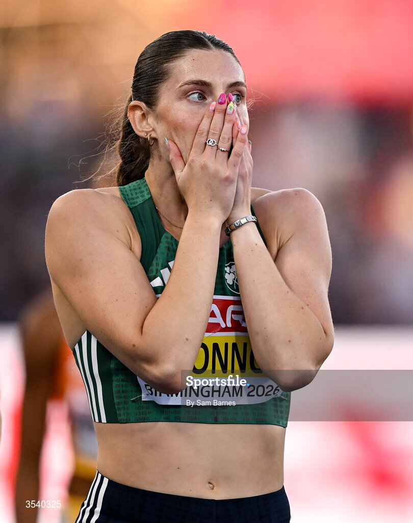 15 August 2026; Kate O’Connor of Ireland reacts to winning  the women’s heptathlon during day six of the European Athletics Championships 2026 at Alexander Stadium in Birmingham, England. Photo by Sam Barnes/Sportsfile