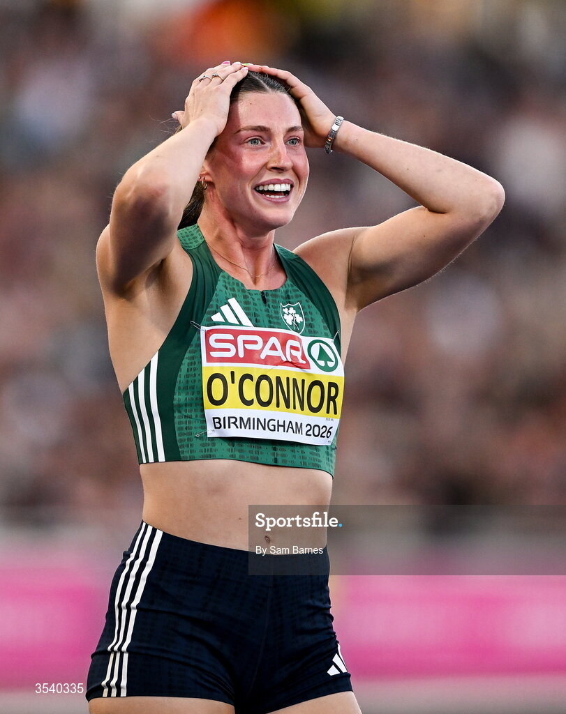 15 August 2026; Kate O’Connor of Ireland celebrates winning  the women’s heptathlon during day six of the European Athletics Championships 2026 at Alexander Stadium in Birmingham, England. Photo by Sam Barnes/Sportsfile