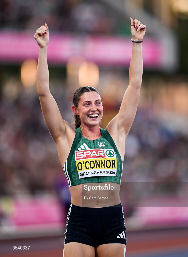 15 August 2026; Kate O’Connor of Ireland celebrates winning  the women’s heptathlon during day six of the European Athletics Championships 2026 at Alexander Stadium in Birmingham, England. Photo by Sam Barnes/Sportsfile