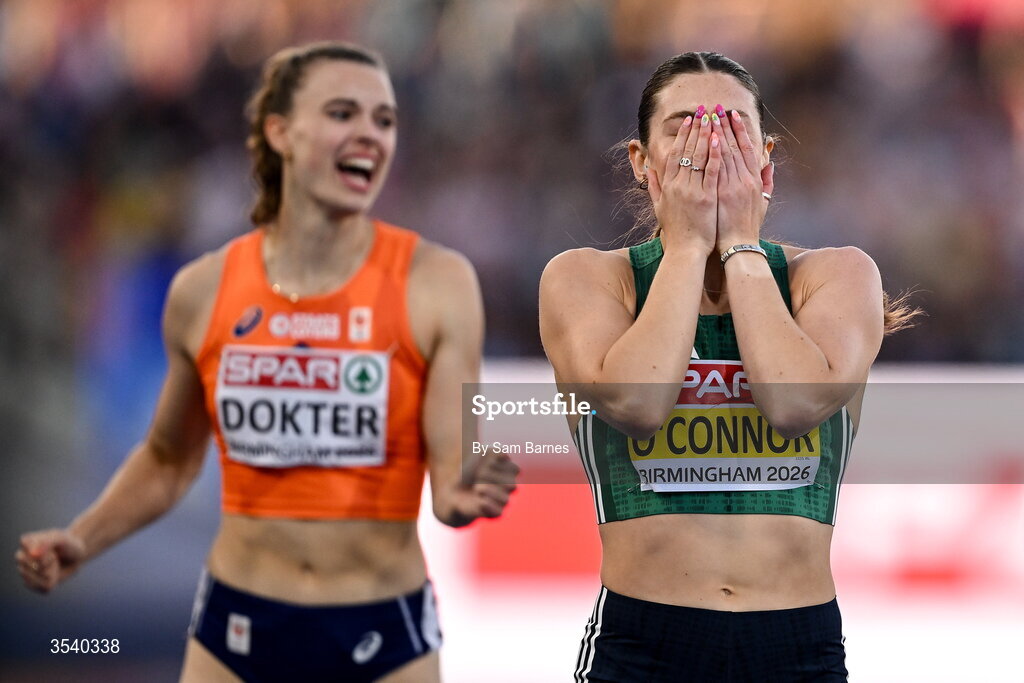 15 August 2026; Kate O’Connor of Ireland reacts to winning  the women’s heptathlon during day six of the European Athletics Championships 2026 at Alexander Stadium in Birmingham, England. Photo by Sam Barnes/Sportsfile