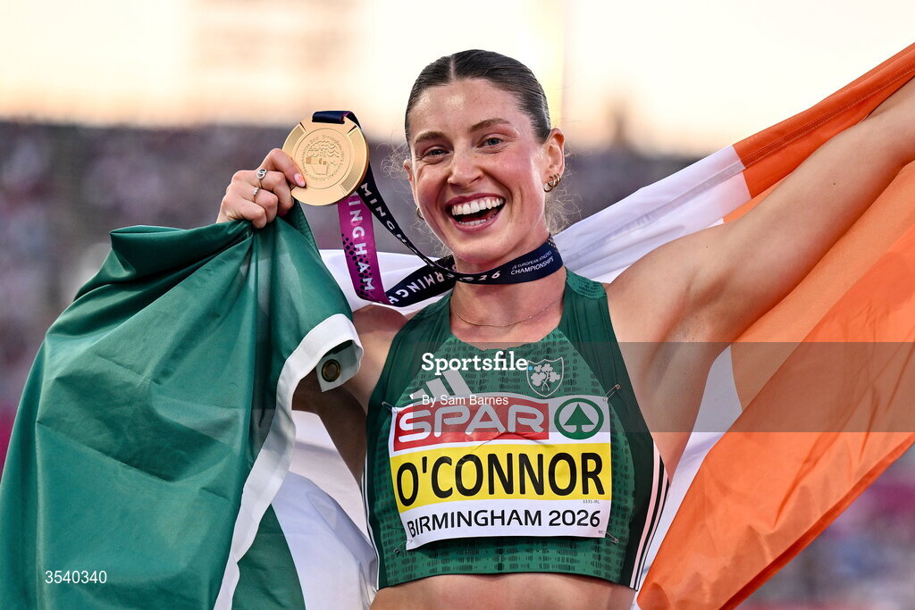 15 August 2026; Kate O’Connor of Ireland celebrates with her gold medal after winning the women’s heptathlon during day six of the European Athletics Championships 2026 at Alexander Stadium in Birmingham, England. Photo by Sam Barnes/Sportsfile