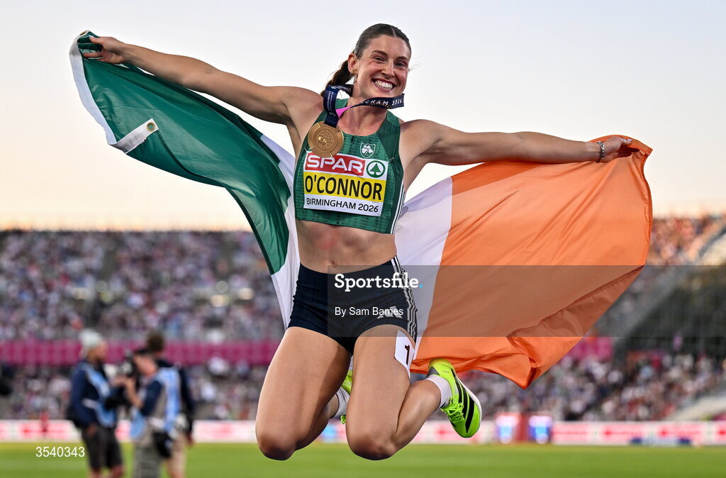 15 August 2026; Kate O’Connor of Ireland celebrates with her gold medal after winning the women’s heptathlon during day six of the European Athletics Championships 2026 at Alexander Stadium in Birmingham, England. Photo by Sam Barnes/Sportsfile