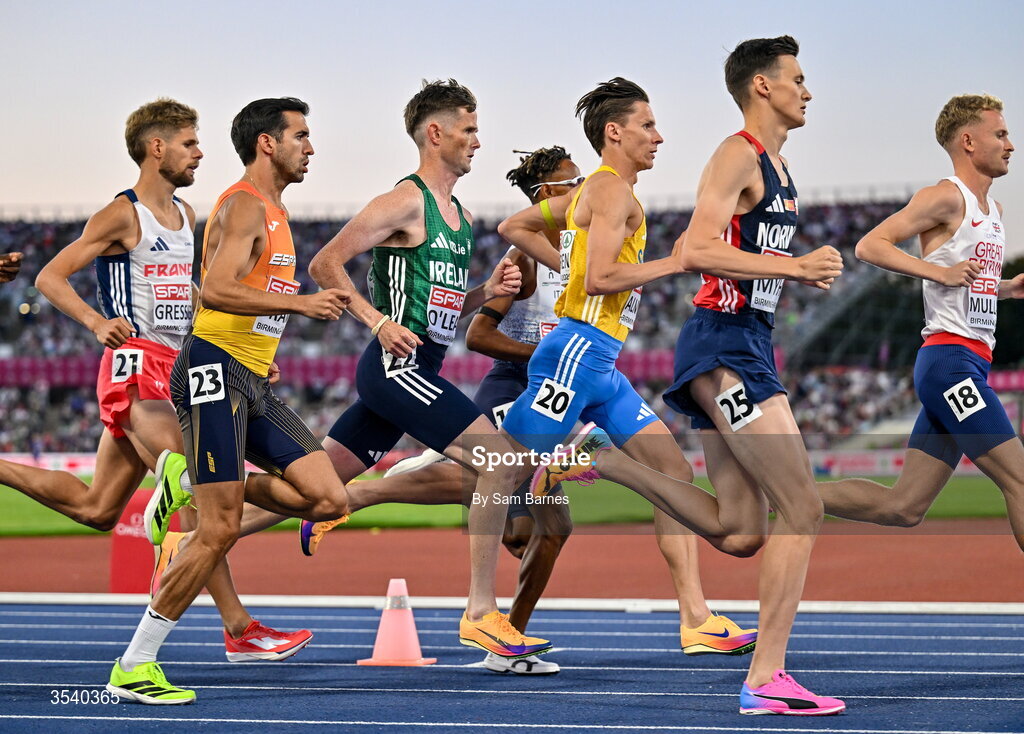 15 August 2026; Jack O’Leary of Ireland, centre, competes in the men's 10,000m final during day six of the European Athletics Championships 2026 at Alexander Stadium in Birmingham, England. Photo by Sam Barnes/Sportsfile