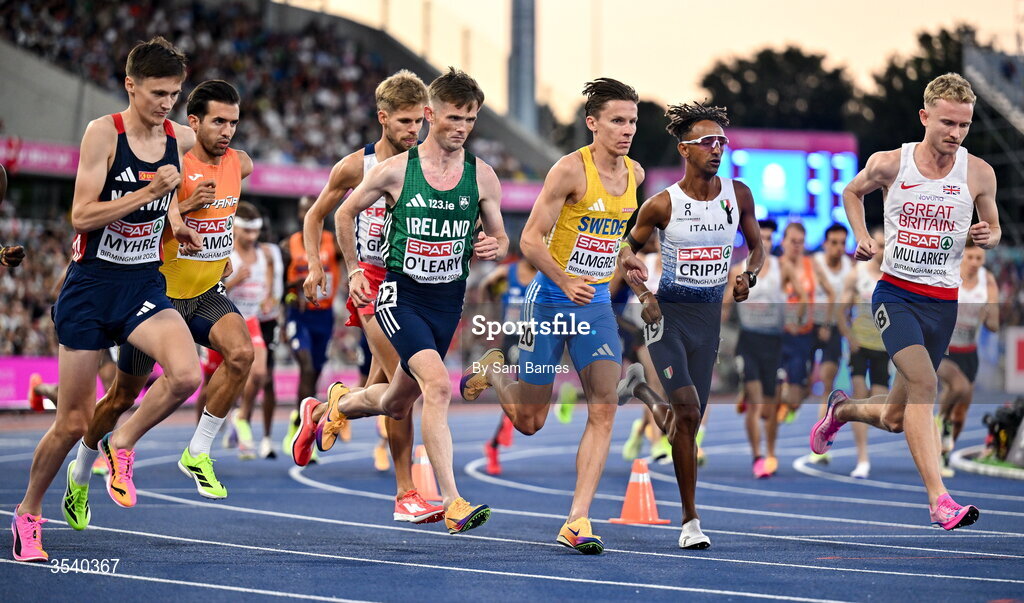 15 August 2026; Jack O’Leary of Ireland, centre, competes in the men's 10,000m final during day six of the European Athletics Championships 2026 at Alexander Stadium in Birmingham, England. Photo by Sam Barnes/Sportsfile