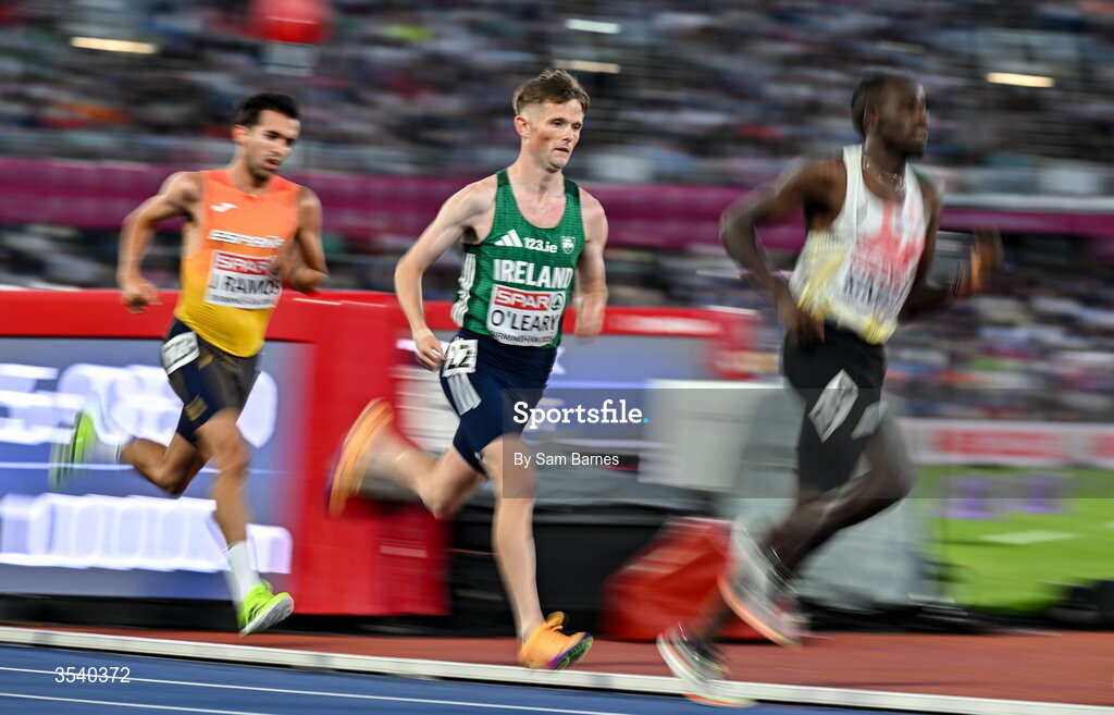 15 August 2026; Jack O’Leary of Ireland, centre, competes in the men's 10,000m final during day six of the European Athletics Championships 2026 at Alexander Stadium in Birmingham, England. Photo by Sam Barnes/Sportsfile