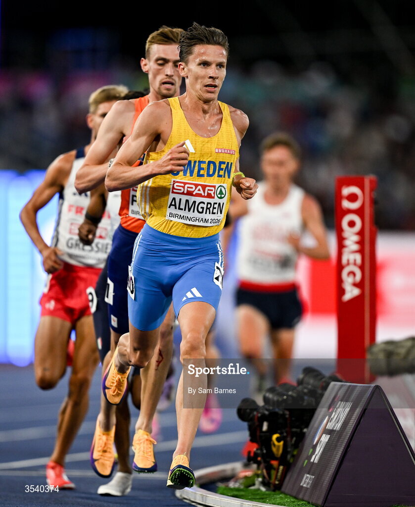 15 August 2026; Andreas Almgren of Sweden during the men's 10,000m final during day six of the European Athletics Championships 2026 at Alexander Stadium in Birmingham, England. Photo by Sam Barnes/Sportsfile