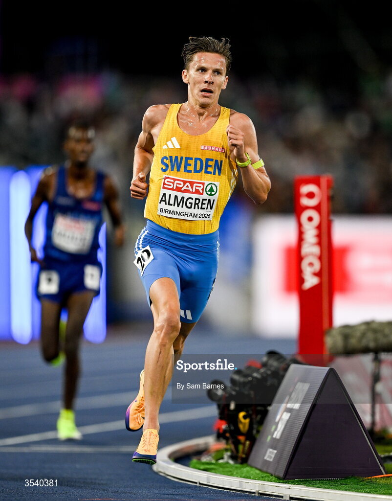15 August 2026; Andreas Almgren of Sweden during the men's 10,000m final during day six of the European Athletics Championships 2026 at Alexander Stadium in Birmingham, England. Photo by Sam Barnes/Sportsfile Photo by Sam Barnes/Sportsfile