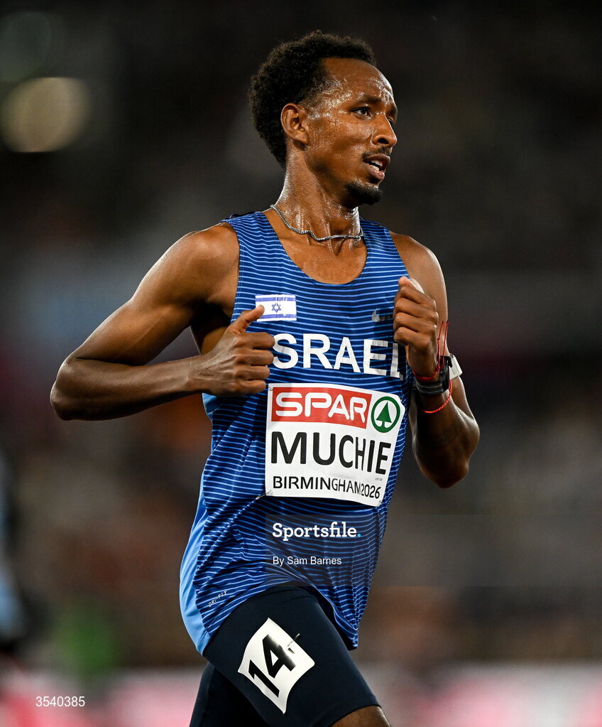 15 August 2026; Zemenu Muchie of Israel during the men's 10,000m final during day six of the European Athletics Championships 2026 at Alexander Stadium in Birmingham, England. Photo by Sam Barnes/Sportsfile