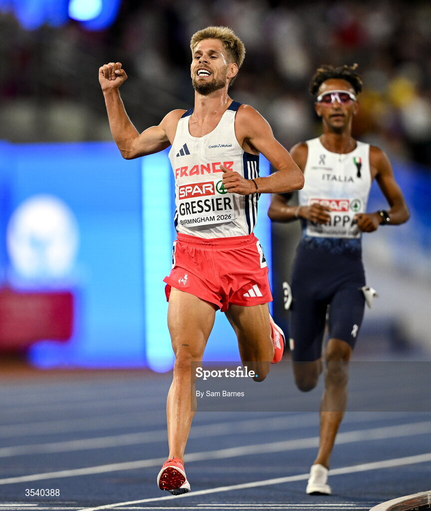 15 August 2026; Jimmy Gressier of France celebrates finishing third in the men's 10,000m final during day six of the European Athletics Championships 2026 at Alexander Stadium in Birmingham, England. Photo by Sam Barnes/Sportsfile