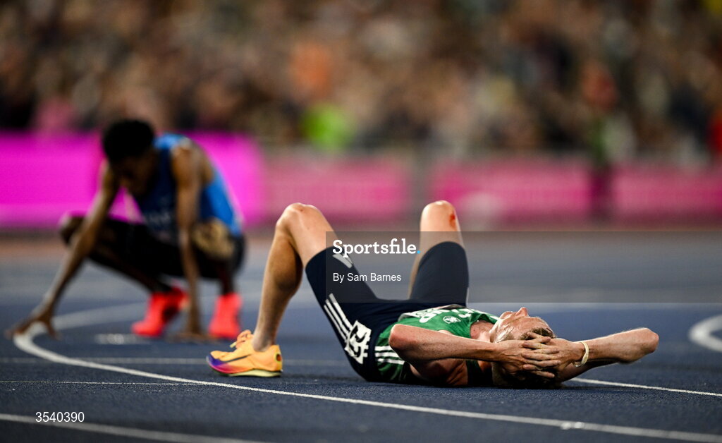 15 August 2026; Jack O’Leary of Ireland reacts after finishing 10th in the men's 10,000m final during day six of the European Athletics Championships 2026 at Alexander Stadium in Birmingham, England. Photo by Sam Barnes/Sportsfile