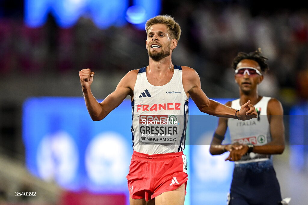 15 August 2026; Jimmy Gressier of France celebrates finishing third in the men's 10,000m final during day six of the European Athletics Championships 2026 at Alexander Stadium in Birmingham, England. Photo by Sam Barnes/Sportsfile Photo by Sam Barnes/Sportsfile