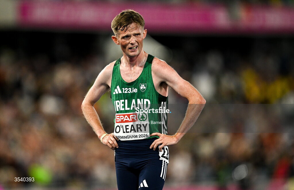 15 August 2026; Jack O’Leary of Ireland after finishing 10th in the men's 10,000m final during day six of the European Athletics Championships 2026 at Alexander Stadium in Birmingham, England. Photo by Sam Barnes/Sportsfile