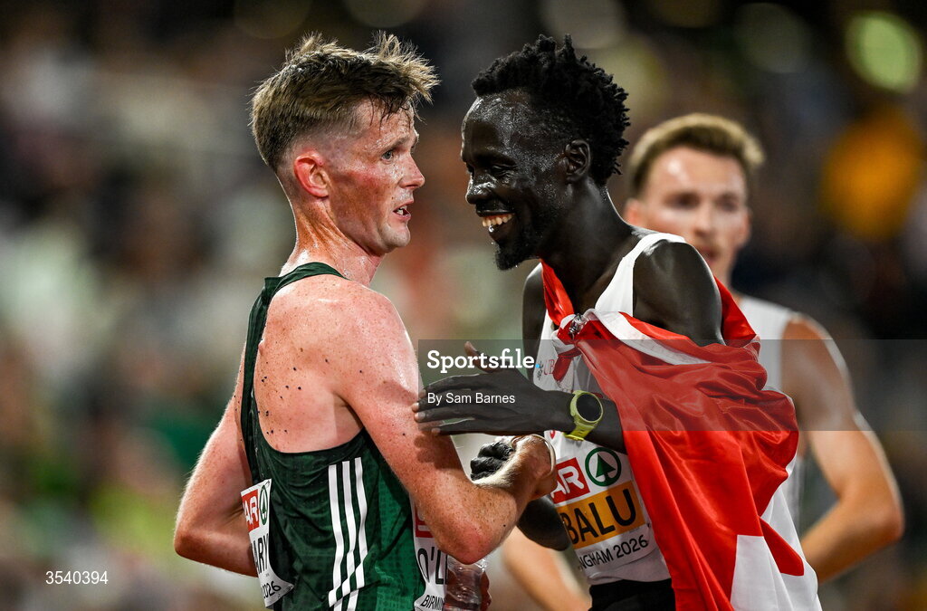 15 August 2026; Jack O’Leary of Ireland, left, and Dominic Lokinyomo Lobalu of Switzerland after the men's 10,000m final during day six of the European Athletics Championships 2026 at Alexander Stadium in Birmingham, England. Photo by Sam Barnes/Sportsfile