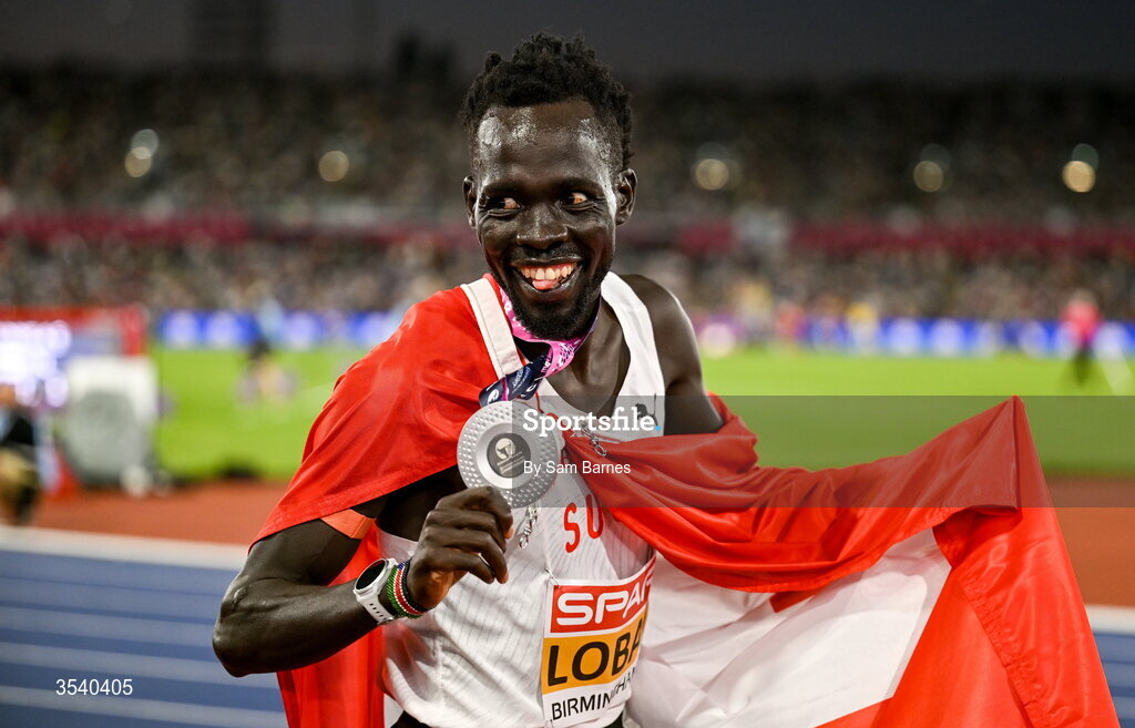 15 August 2026; Dominic Lokinyomo Lobalu of Switzerland celebrates with his silver medal after the men's 10,000m final during day six of the European Athletics Championships 2026 at Alexander Stadium in Birmingham, England. Photo by Sam Barnes/Sportsfile