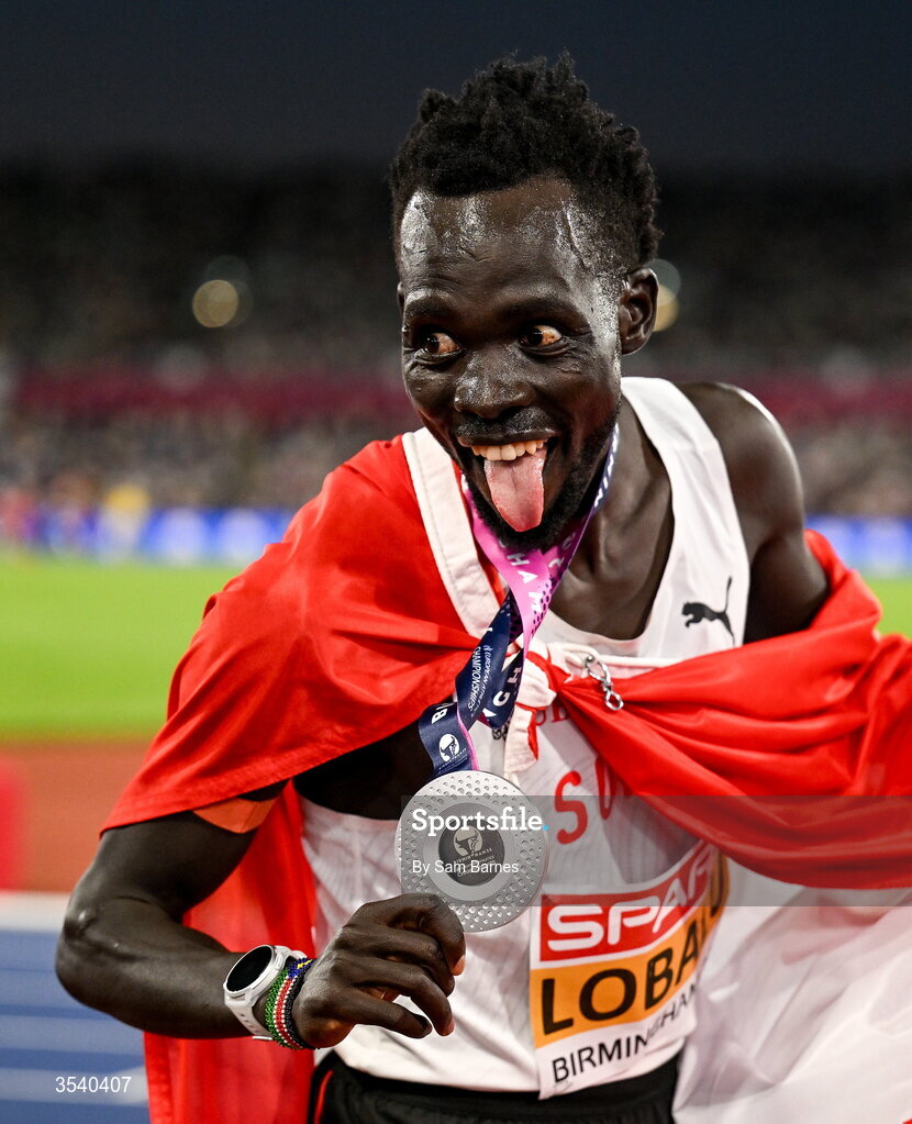 15 August 2026; Dominic Lokinyomo Lobalu of Switzerland celebrates with his silver medal after the men's 10,000m final during day six of the European Athletics Championships 2026 at Alexander Stadium in Birmingham, England. Photo by Sam Barnes/Sportsfile