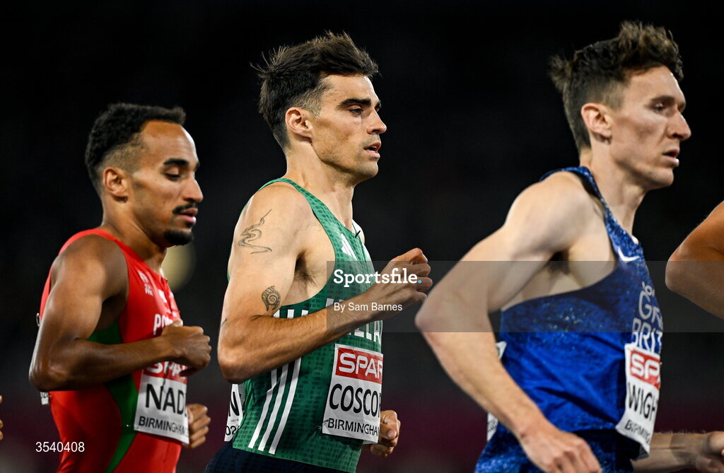 15 August 2026; Andrew Coscoran of Ireland, centre, competes in the men’s 1500m final during day six of the European Athletics Championships 2026 at Alexander Stadium in Birmingham, England. Photo by Sam Barnes/Sportsfile