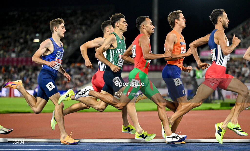 15 August 2026; Andrew Coscoran of Ireland, centre, competes in the men’s 1500m final during day six of the European Athletics Championships 2026 at Alexander Stadium in Birmingham, England. Photo by Sam Barnes/Sportsfile