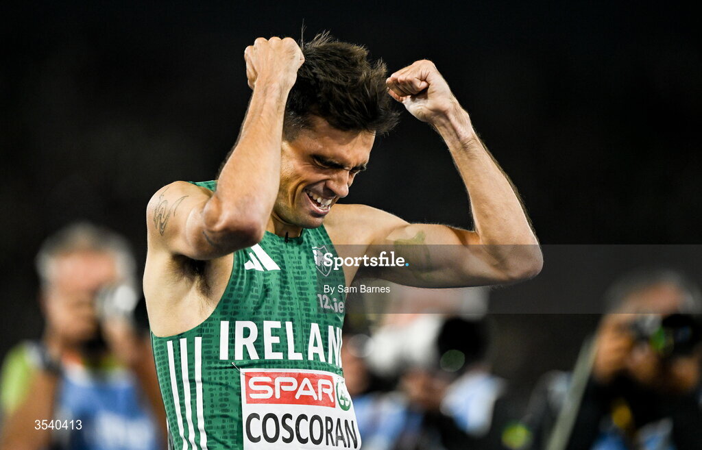 15 August 2026; Andrew Coscoran of Ireland celebrates finishing third in the men’s 1500m final during day six of the European Athletics Championships 2026 at Alexander Stadium in Birmingham, England. Photo by Sam Barnes/Sportsfile