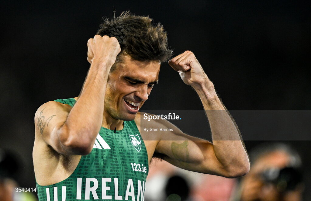 15 August 2026; Andrew Coscoran of Ireland celebrates finishing third in the men’s 1500m final during day six of the European Athletics Championships 2026 at Alexander Stadium in Birmingham, England. Photo by Sam Barnes/Sportsfile