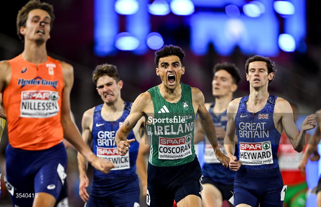 15 August 2026; Andrew Coscoran of Ireland celebrates finishing third in the men’s 1500m final during day six of the European Athletics Championships 2026 at Alexander Stadium in Birmingham, England. Photo by Sam Barnes/Sportsfile