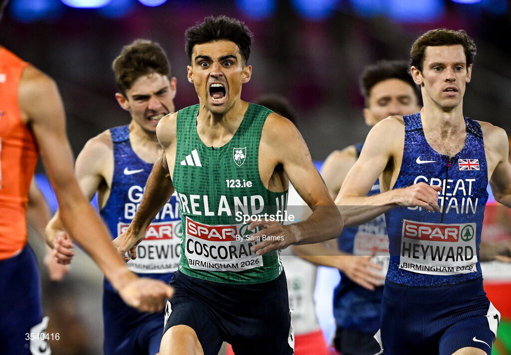 15 August 2026; Andrew Coscoran of Ireland celebrates finishing third in the men’s 1500m final during day six of the European Athletics Championships 2026 at Alexander Stadium in Birmingham, England. Photo by Sam Barnes/Sportsfile