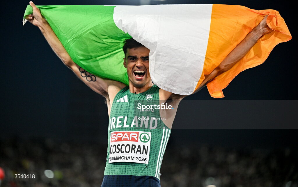 15 August 2026; Andrew Coscoran of Ireland celebrates finishing third in the men’s 1500m final during day six of the European Athletics Championships 2026 at Alexander Stadium in Birmingham, England. Photo by Sam Barnes/Sportsfile