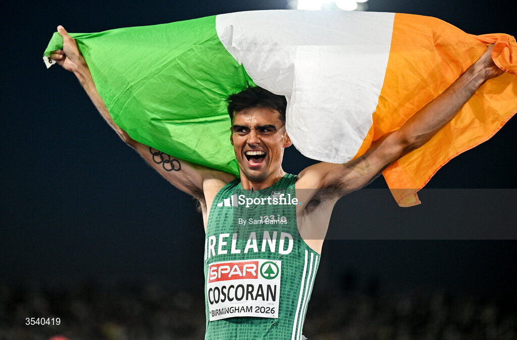 15 August 2026; Andrew Coscoran of Ireland celebrates finishing third in the men’s 1500m final during day six of the European Athletics Championships 2026 at Alexander Stadium in Birmingham, England. Photo by Sam Barnes/Sportsfile
