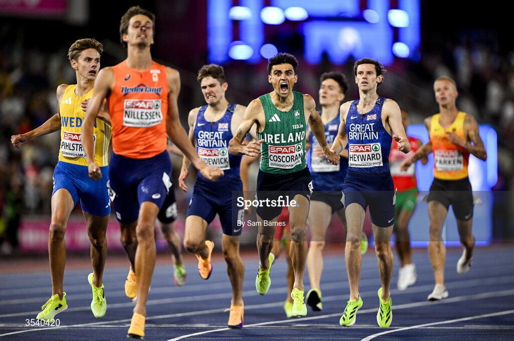 15 August 2026; Andrew Coscoran of Ireland celebrates finishing third in the men’s 1500m final during day six of the European Athletics Championships 2026 at Alexander Stadium in Birmingham, England. Photo by Sam Barnes/Sportsfile