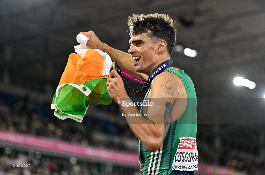 15 August 2026; Andrew Coscoran of Ireland celebrates with his bronze medal after the men’s 1500m final during day six of the European Athletics Championships 2026 at Alexander Stadium in Birmingham, England. Photo by Sam Barnes/Sportsfile