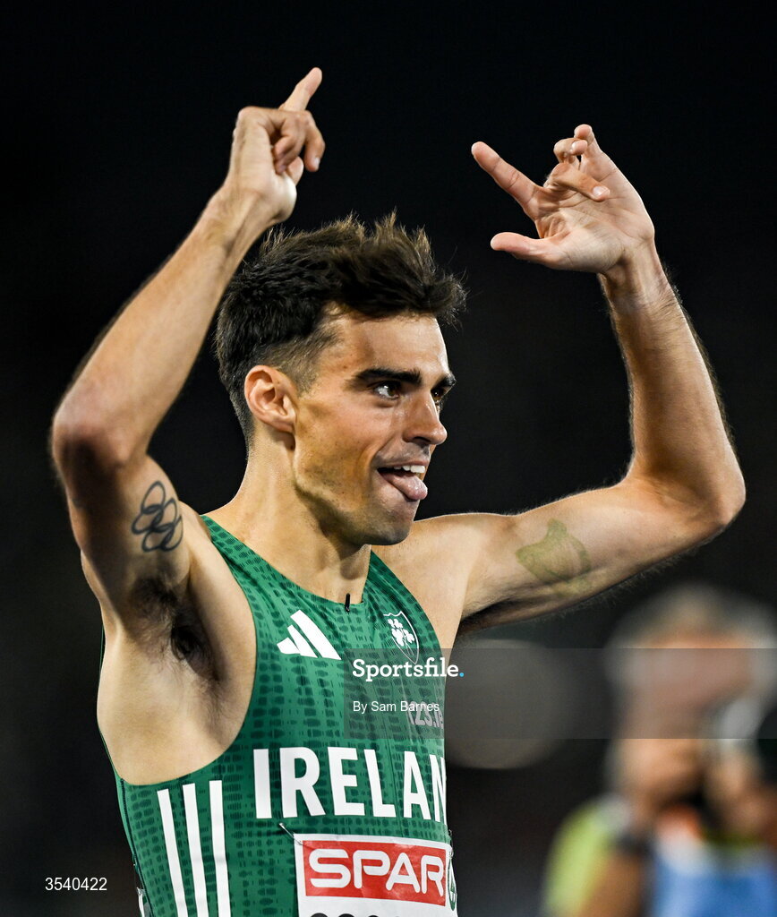15 August 2026; Andrew Coscoran of Ireland celebrates finishing third in the men’s 1500m final during day six of the European Athletics Championships 2026 at Alexander Stadium in Birmingham, England. Photo by Sam Barnes/Sportsfile
