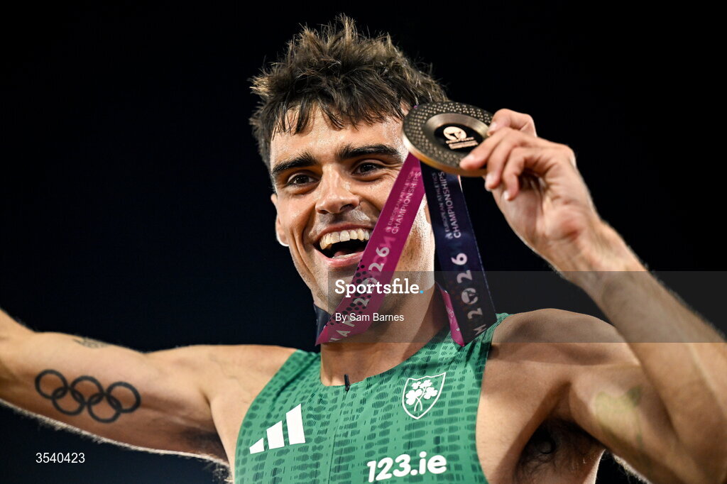 15 August 2026; Andrew Coscoran of Ireland celebrates with his bronze medal after the men’s 1500m final during day six of the European Athletics Championships 2026 at Alexander Stadium in Birmingham, England. Photo by Sam Barnes/Sportsfile