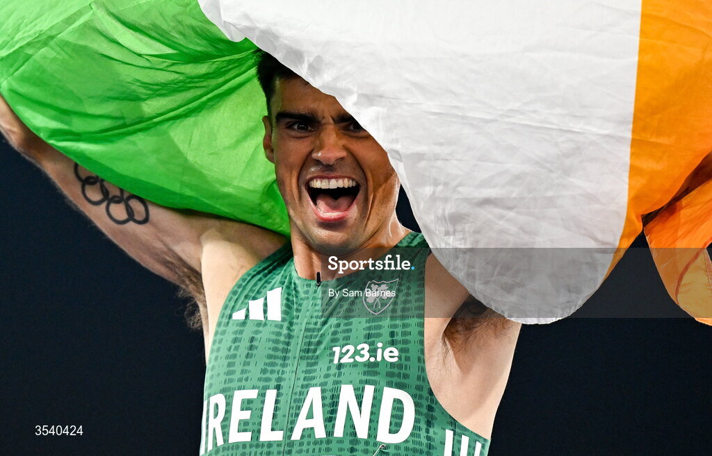15 August 2026; Andrew Coscoran of Ireland celebrates finishing third in the men’s 1500m final during day six of the European Athletics Championships 2026 at Alexander Stadium in Birmingham, England. Photo by Sam Barnes/Sportsfile