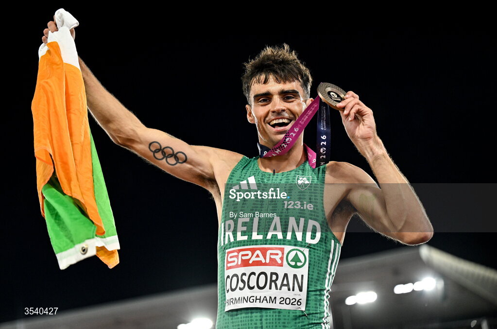 15 August 2026; Andrew Coscoran of Ireland celebrates with his bronze medal after the men’s 1500m final during day six of the European Athletics Championships 2026 at Alexander Stadium in Birmingham, England. Photo by Sam Barnes/Sportsfile