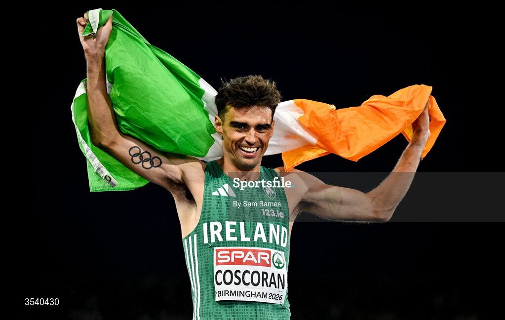 15 August 2026; Andrew Coscoran of Ireland celebrates finishing third in the men’s 1500m final during day six of the European Athletics Championships 2026 at Alexander Stadium in Birmingham, England. Photo by Sam Barnes/Sportsfile