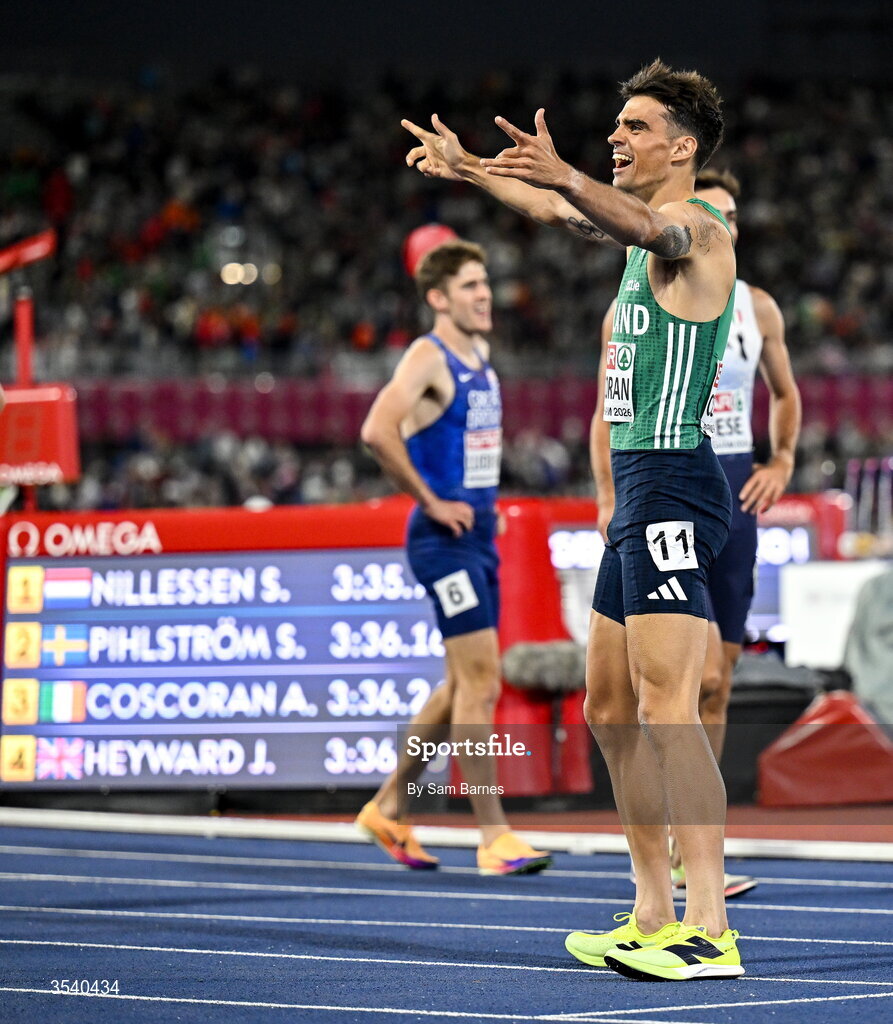 15 August 2026; Andrew Coscoran of Ireland celebrates finishing third in the men’s 1500m final during day six of the European Athletics Championships 2026 at Alexander Stadium in Birmingham, England. Photo by Sam Barnes/Sportsfile