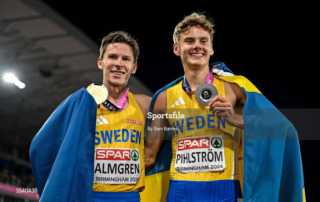 15 August 2026; 10,000m gold medallist Andreas Almgren of Sweden, left, and 1,500m silver medallist Samuel Philstrom of Sweden during day six of the European Athletics Championships 2026 at Alexander Stadium in Birmingham, England. Photo by Sam Barnes/Sportsfile