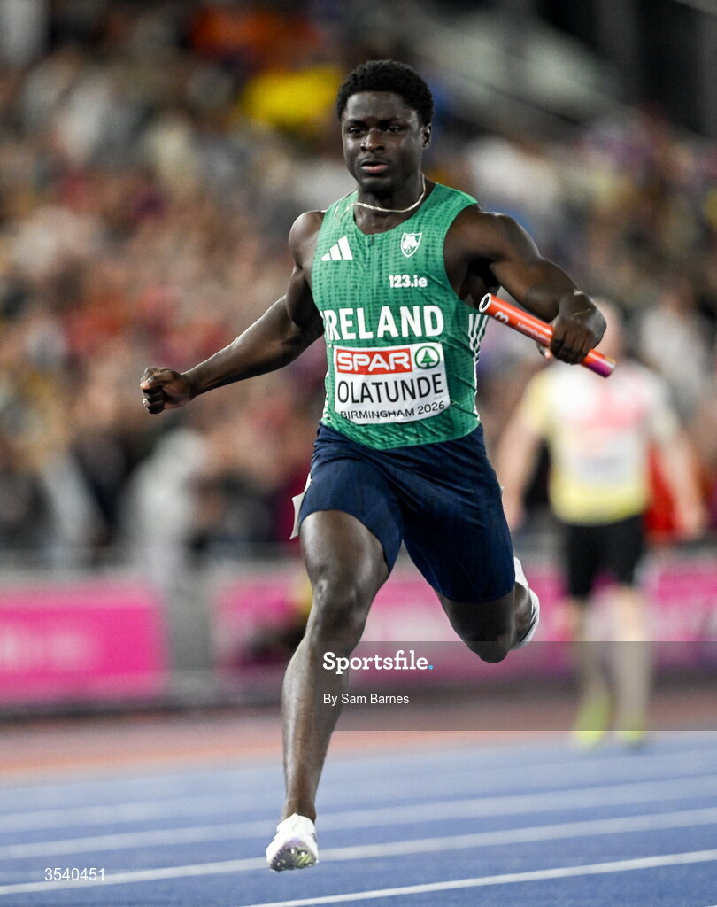 15 August 2026; Israel Olatunde of Ireland competes in the men’s 100m during the men's 4x100m final during day six of the European Athletics Championships 2026 at Alexander Stadium in Birmingham, England. Photo by Sam Barnes/Sportsfile