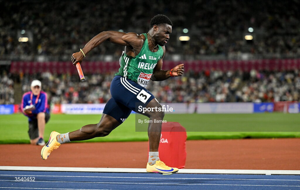 15 August 2026; Bori Akinola of Ireland during the men's 4x100m final during day six of the European Athletics Championships 2026 at Alexander Stadium in Birmingham, England. Photo by Sam Barnes/Sportsfile