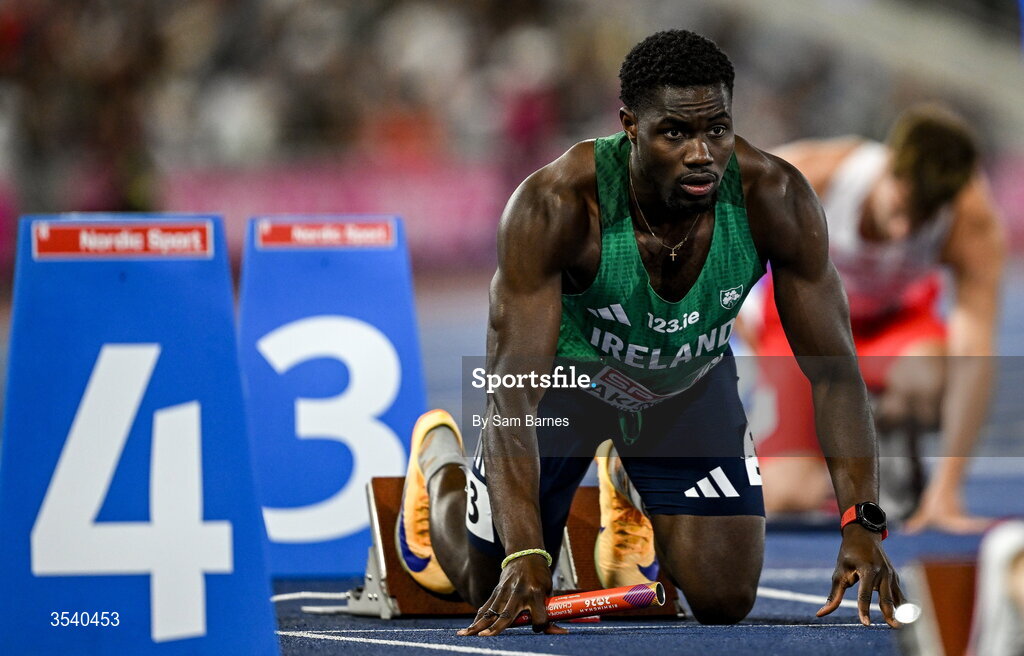 15 August 2026; Bori Akinola of Ireland during the men's 4x100m final during day six of the European Athletics Championships 2026 at Alexander Stadium in Birmingham, England. Photo by Sam Barnes/Sportsfile