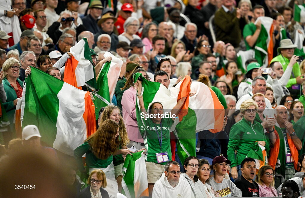 15 August 2026; Ireland supporters during day six of the European Athletics Championships 2026 at Alexander Stadium in Birmingham, England. Photo by Sam Barnes/Sportsfile