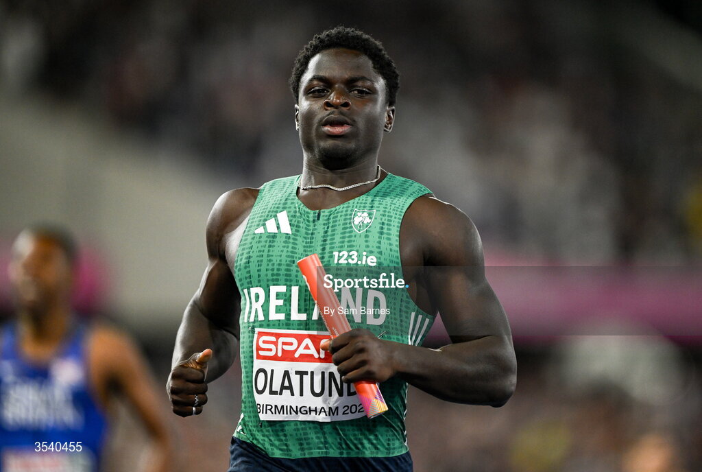 15 August 2026; Israel Olatunde of Ireland competes in the men’s 100m during the men's 4x100m final during day six of the European Athletics Championships 2026 at Alexander Stadium in Birmingham, England. Photo by Sam Barnes/Sportsfile