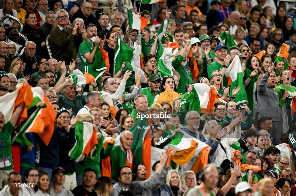 15 August 2026; Ireland supporters during the men's 4x100m final during day six of the European Athletics Championships 2026 at Alexander Stadium in Birmingham, England. Photo by Sam Barnes/Sportsfile