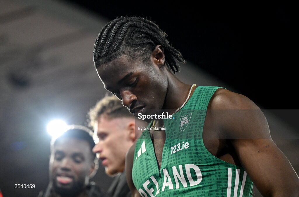 15 August 2026; Sean Aigboboh of Ireland after the men's 4x100m final during day six of the European Athletics Championships 2026 at Alexander Stadium in Birmingham, England. Photo by Sam Barnes/Sportsfile