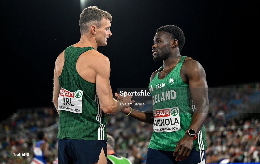 15 August 2026; Marcus Lawler, left, and Bori Akinola of Ireland after the men's 4x100m final during day six of the European Athletics Championships 2026 at Alexander Stadium in Birmingham, England. Photo by Sam Barnes/Sportsfile