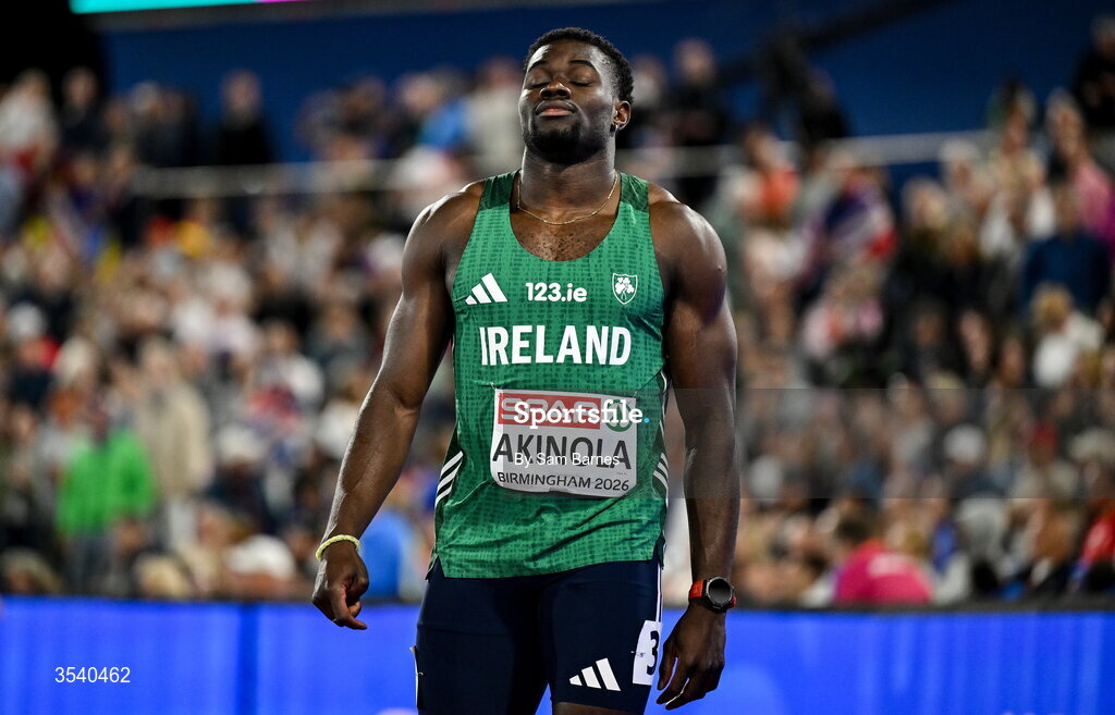 15 August 2026; Bori Akinola of Ireland after the men's 4x100m final during day six of the European Athletics Championships 2026 at Alexander Stadium in Birmingham, England. Photo by Sam Barnes/Sportsfile