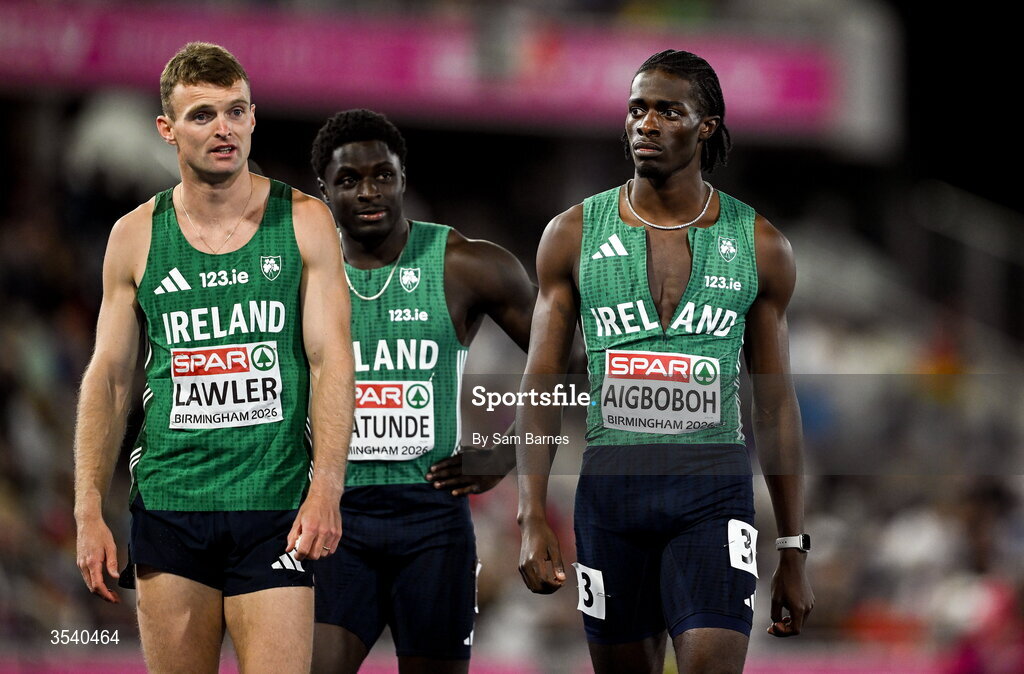 15 August 2026; Members of the Ireland men's 4x100m team, from left, Marcus Lawler, Israel Olatunde and Sean Aigboboh, during day six of the European Athletics Championships 2026 at Alexander Stadium in Birmingham, England. Photo by Sam Barnes/Sportsfile