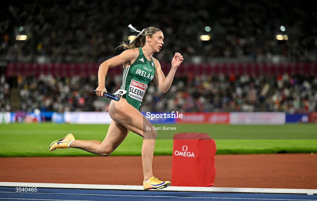 15 August 2026; Lucy-May Sleeman of Ireland during the women's 4x100m final on day six of the European Athletics Championships 2026 at Alexander Stadium in Birmingham, England. Photo by Sam Barnes/Sportsfile