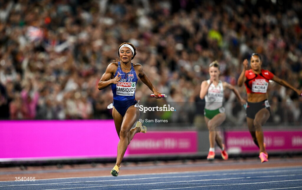 15 August 2026; Imani Lansiquot of Great Britain and Northern Ireland on her way to winning the women's 4x100m final on day six of the European Athletics Championships 2026 at Alexander Stadium in Birmingham, England. Photo by Sam Barnes/Sportsfile