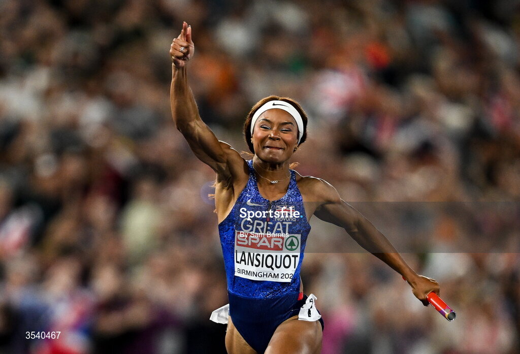 15 August 2026; Imani Lansiquot of Great Britain and Northern Ireland celebrates winning the women's 4x100m final on day six of the European Athletics Championships 2026 at Alexander Stadium in Birmingham, England. Photo by Sam Barnes/Sportsfile