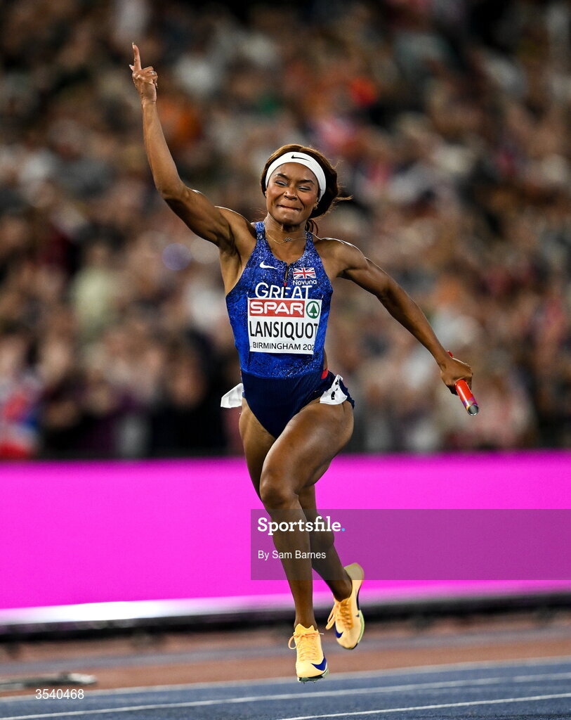 15 August 2026; Imani Lansiquot of Great Britain and Northern Ireland celebrates winning the women's 4x100m final on day six of the European Athletics Championships 2026 at Alexander Stadium in Birmingham, England. Photo by Sam Barnes/Sportsfile